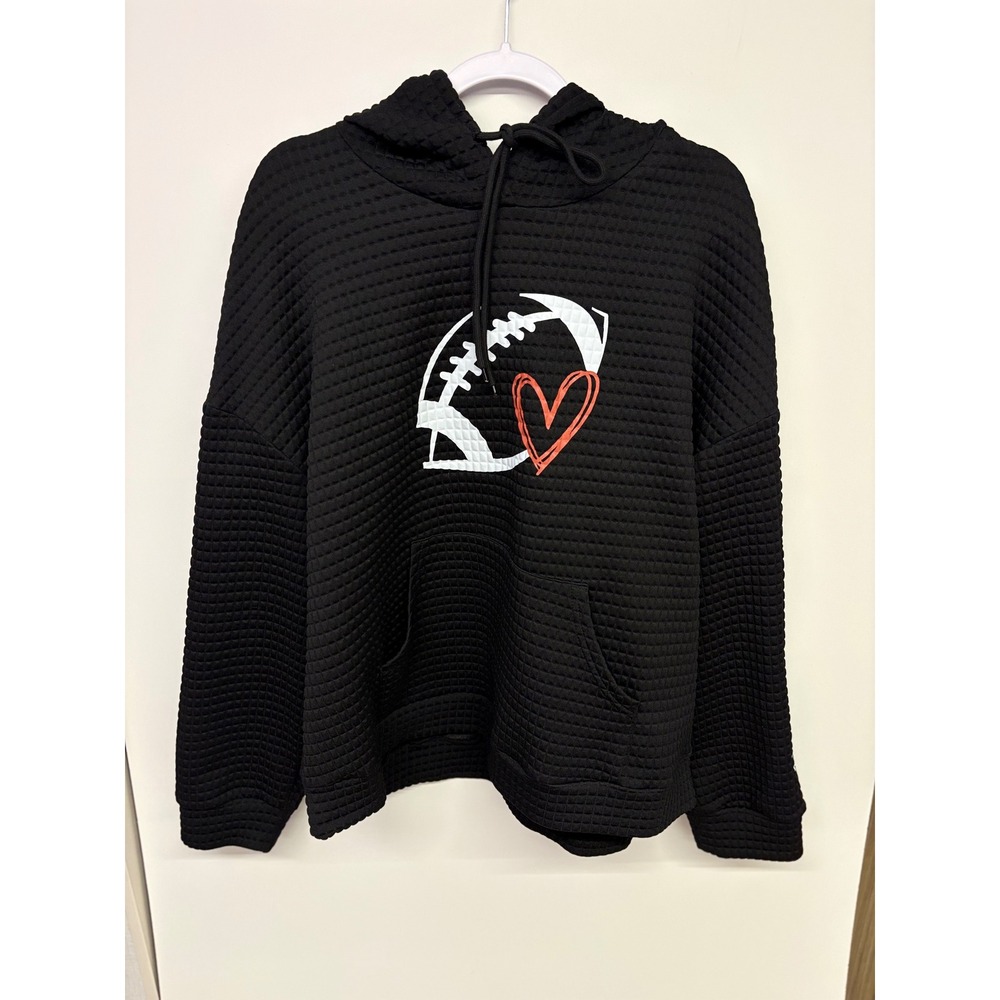 Gameday Football Sporty Hoodie Waffle Knit Heart Women 2XL Black